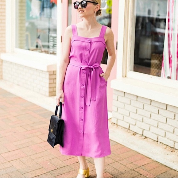 EVERLANE Midi Dress Picnic Button Down Magenta Pink Purple pockets size 8 - Picture 2 of 10
